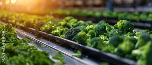 Fresh Broccoli and Greens Moving on a Conveyor Belt in a Food Processing Plant