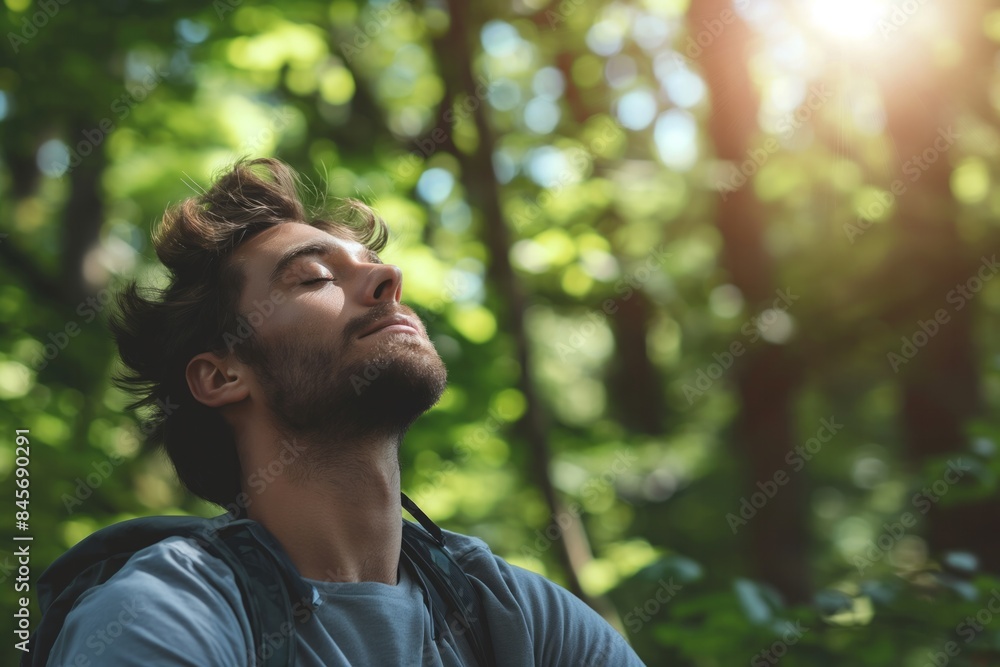 A man with his eyes closed, enjoying the tranquility of a forest. He is surrounded by lush greenery and sunlight filtering through the trees. A man with his eyes closed, enjoying the tranquility of a forest. He is surrounded by lush greenery and sunlight filtering through the trees.