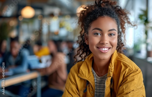 Smiling Woman Giving Thumbs Up in Front of Yellow Background