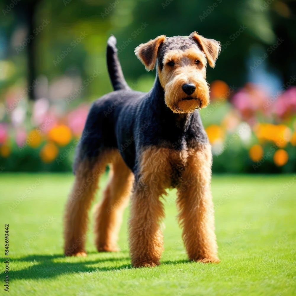 An Airedale terrier stands in a bright garden - an image generated by artificial intelligence An Airedale terrier stands in a bright garden - an image generated by artificial intelligence