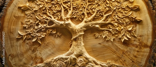 A high-detail light wood bas-relief depicting the Tree of Life.