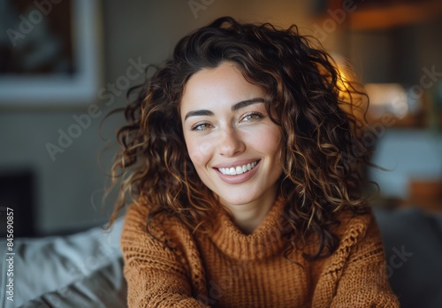 Smiling Woman With Curly Hair Wearing a Brown Sweater