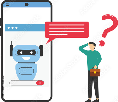 Artificial intelligence. Characters using Ai technology for answering questions. Neural network and chat bot concept. Vector illustration.


