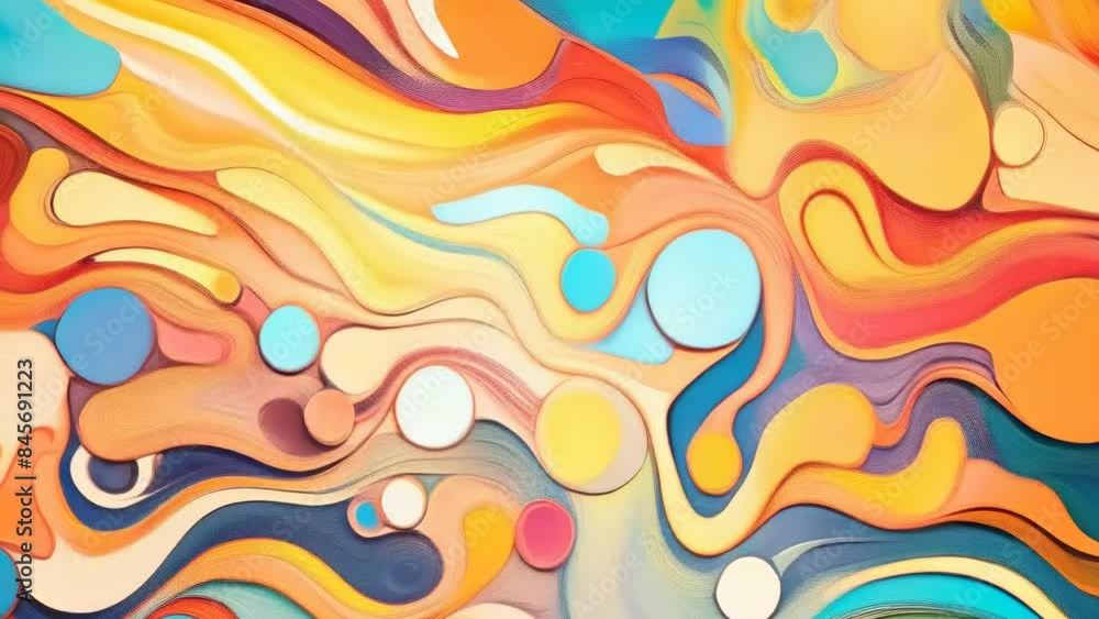 This image shows a vibrant abstract art piece featuring colorful shapes and flowing patterns. The design includes swirling lines and circular shapes, with a bold mix of blues, yellows, oranges This image shows a vibrant abstract art piece featuring colorful shapes and flowing patterns. The design includes swirling lines and circular shapes, with a bold mix of blues, yellows, oranges