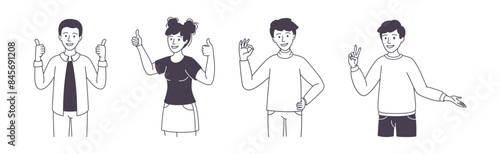 People Character Showing Positive Hand Gesture Demonstrating Emotion Outline Vector Set