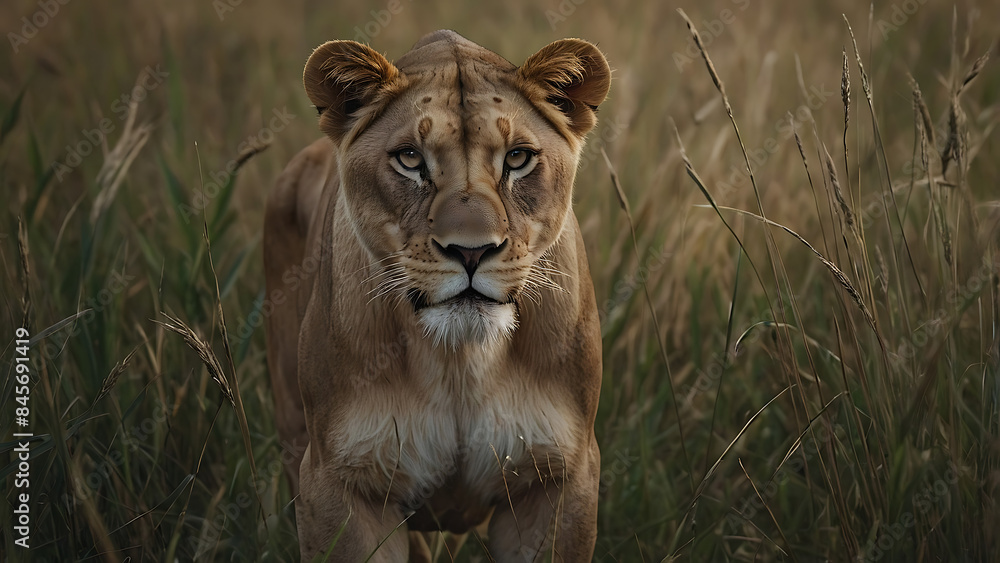 Lioness Emerging from Tall Grass in the Savanna Lioness Emerging from Tall Grass in the Savanna