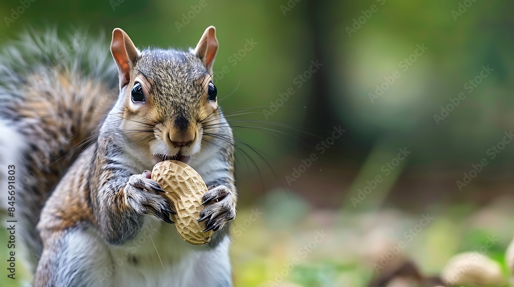 Obraz premium A gray squirrel holding a peanut