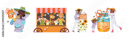 Equipped Beekeeper or Apiarist Gathering Sweet Honey from Beehive Vector Set