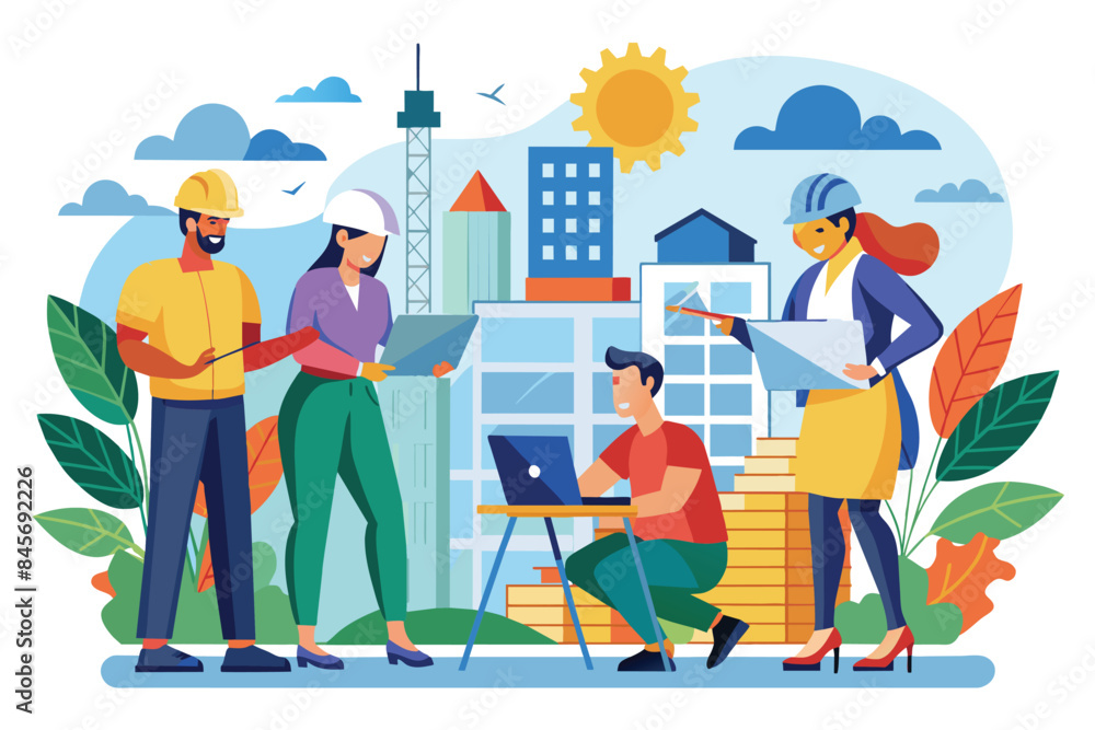 A team of construction workers, including a man and two women, collaborate on building plans in a modern city setting. A team of construction workers, including a man and two women, collaborate on building plans in a modern city setting.