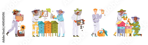 Equipped Beekeeper or Apiarist Gathering Sweet Honey from Beehive Vector Set