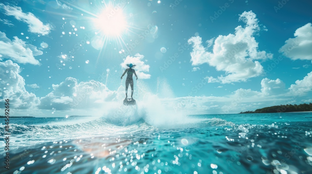 Tropical Watersports Adventure: A Flyboard Soars Above Azure Waves Tropical Watersports Adventure: A Flyboard Soars Above Azure Waves