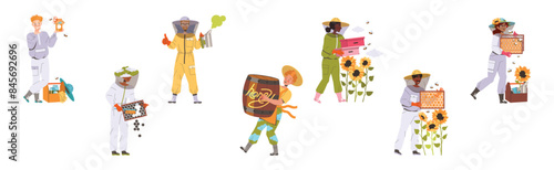 Equipped Beekeeper or Apiarist Gathering Sweet Honey from Beehive Vector Set