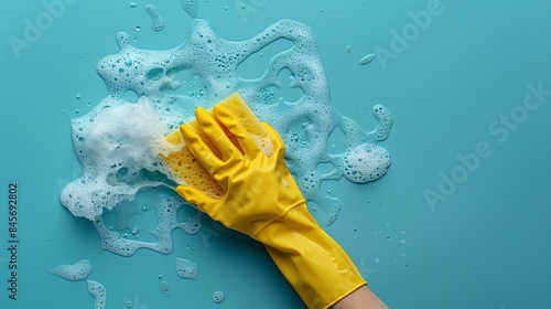 Cleaning blue surface with yellow gloves