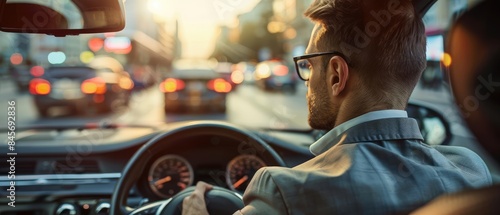 A super-realistic photo of a man wearing a work suit, driving a car in traffic, with city lights and blurred bokeh effects in the background.