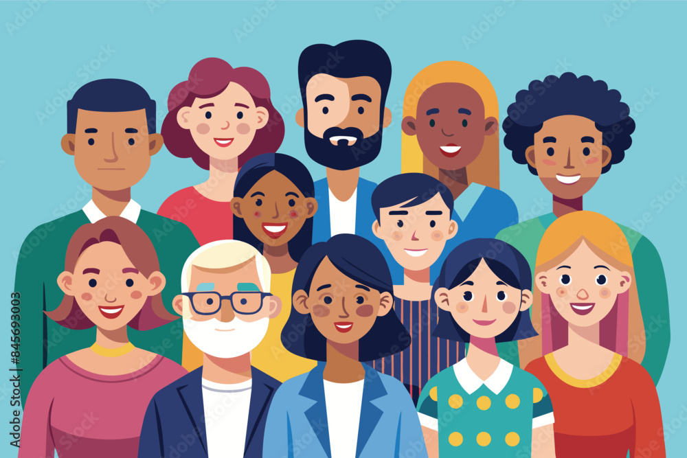 An illustration of a diverse group of people smiling and posing together. An illustration of a diverse group of people smiling and posing together.