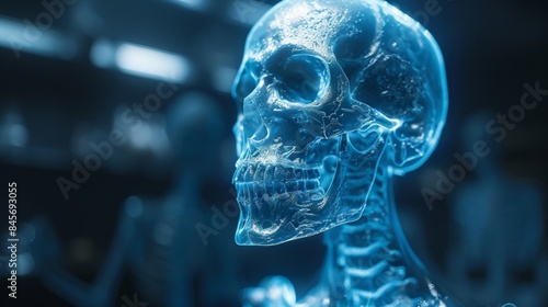 A skull is shown in a blue light, with a blue background