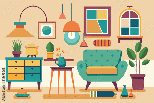 Wallpaper Mural A digitally illustrated living room interior design with mid-century modern furniture and decor, featuring a turquoise sofa, a wooden side table, a chest of drawers, plants, and lamps. Torontodigital.ca