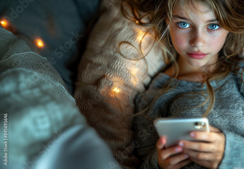 young blond girl with blue eyes laying on the bed and looking directly into camera (photographer); close-up to serious kid with phone; concept of dangers of using smartphones by teenagers; Internet photo