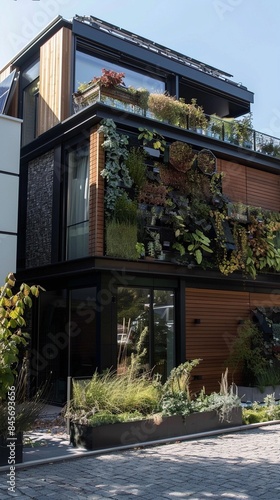 Modern Eco-Friendly Home or house with Solar Panels and Garden