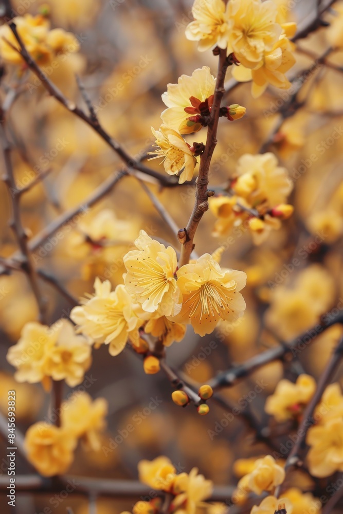 Colocas flowers: dense yellow buds cover ancient tree branches, blooming background.