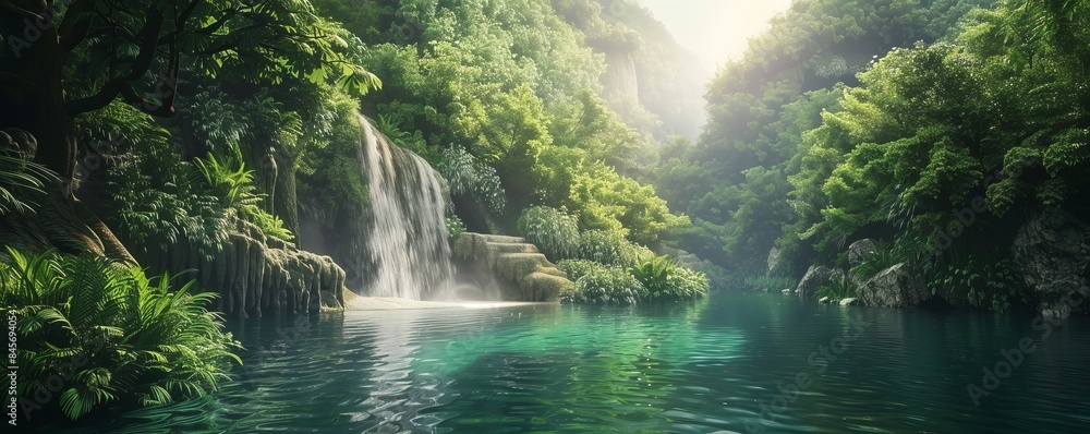 Hiking expedition to a scenic waterfall, lush greenery and refreshing waters, 4K hyperrealistic photo. Hiking expedition to a scenic waterfall, lush greenery and refreshing waters, 4K hyperrealistic photo.