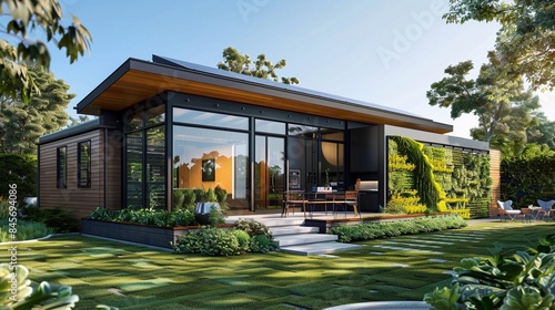 Modern Eco-Friendly Home or house with Solar Panels and Garden