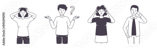 Question with Thoughtful Man and Woman Scratching Head over Riddle Vector Set