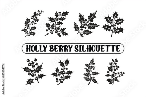 Flat holly berry set vector silhouette illustration. Christmas holly leaves Bundle. Black silhouette of Holly berry set.
