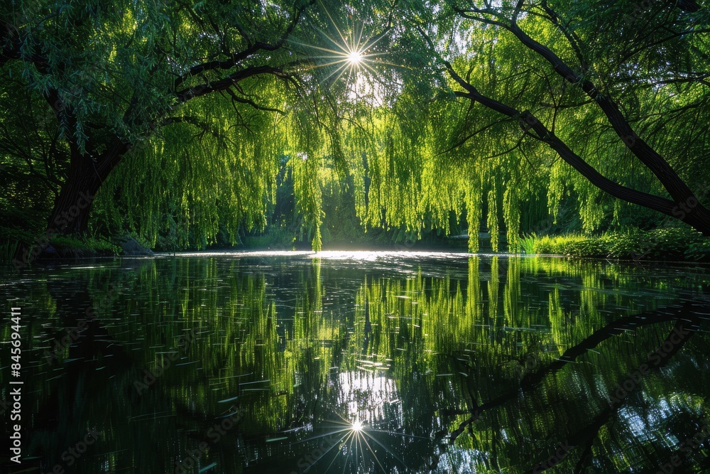 Fototapeta premium Stone-Edged Pond in a Lush Green Garden