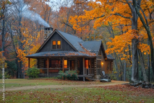 Cozy Log Cabin With Smoke Rising From Chimney In Autumn Forest © olegganko