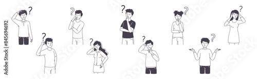 Question with Thoughtful Man and Woman Scratching Head over Riddle Vector Set