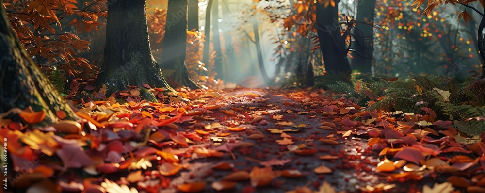 Fototapeta premium Autumnal forest path with fallen leaves creating a colorful carpet, 4K hyperrealistic photo