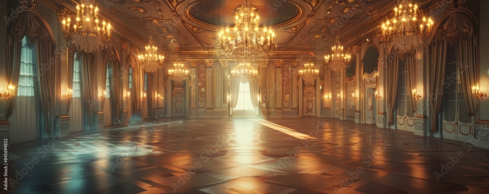 Fototapeta premium Elegant ballroom adorned with chandeliers, 4K hyperrealistic photo