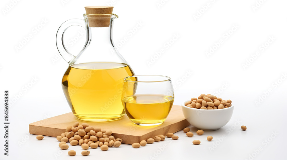 Oil from soybeans culinary items made from soybeans and drinks isolated against a background Oil from soybeans culinary items made from soybeans and drinks isolated against a background