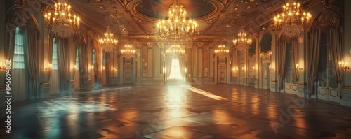 Elegant ballroom adorned with chandeliers, 4K hyperrealistic photo