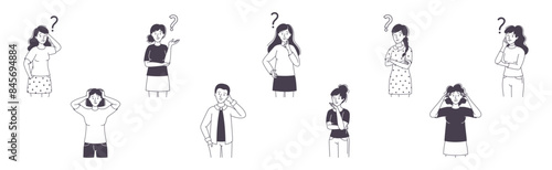 Question with Thoughtful Man and Woman Scratching Head over Riddle Vector Set