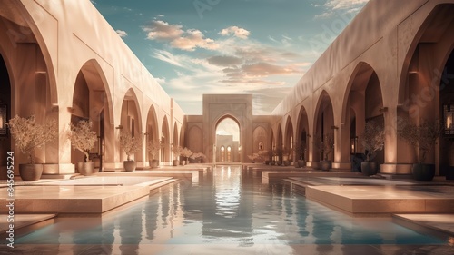 A Serene Oasis - A Majestic Courtyard with a Reflecting Pool, Stone Arches, and Lush Greenery, Bathing in the Warm Glow of a Setting Sun © Tanakorn