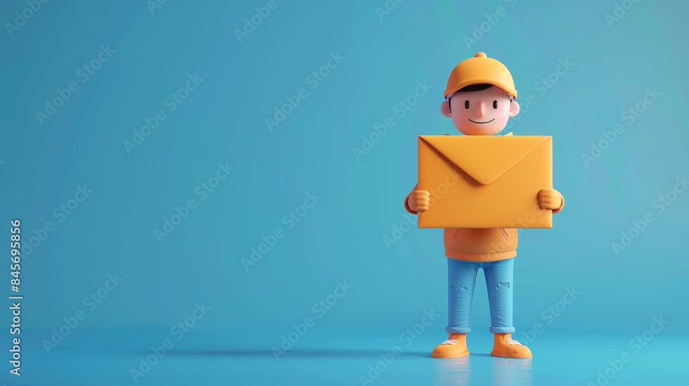 Smiling cartoon delivery person holding a large envelope against a blue background. Smiling cartoon delivery person holding a large envelope against a blue background.