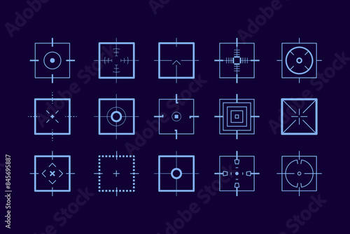 Crosshair gun sight vector icons set. Bullseye, target or aim symbol. Futuristic aim pointer. Military rifle scope, shooting mark sign. Targeting, aiming. Archery, hunting vector. Game UI element.