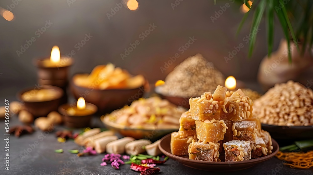 stock photo, copy space, Indian festival food snack sweet for Pongal Diwali, Lohri Makar Sankranti, Tamil Nadu's winter folk festival, and Diwali harvest festival stock photo, copy space, Indian festival food snack sweet for Pongal Diwali, Lohri Makar Sankranti, Tamil Nadu's winter folk festival, and Diwali harvest festival