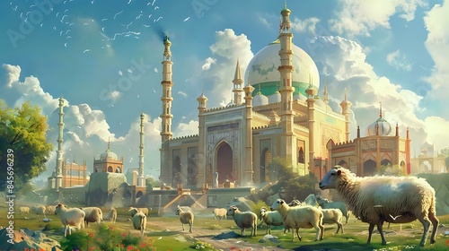 a beautiful view of Eid ul Azha having sheep and a mosque, a background having a concept of Eid ul azha photo