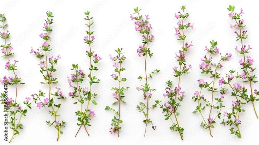 Wild Thyme Sprigs in Bloom on White Background Wild Thyme Sprigs in Bloom on White Background