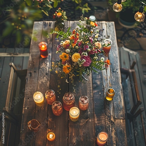 Top view of a rustic outdoor table decorated with vibrant flowers, candles, and refreshing drinks, creating a cozy and inviting atmosphere.