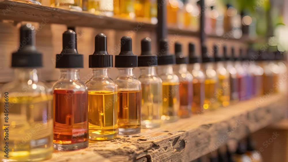 A variety of facial oils and serums each in a sleek glass bottle with a simple yet elegant label arranged on a shelf. A variety of facial oils and serums each in a sleek glass bottle with a simple yet elegant label arranged on a shelf.