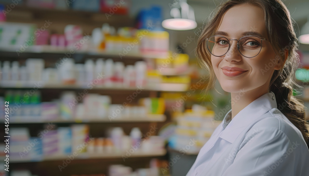 Pharmacy Drugstore: Portrait of Beautiful Caucasian Pharmacist Standing Behind the Checkout Counter, Smiling Charmingly, Looking at Camera. Modern Drugstore with Shelves full of Medicine Packages Pharmacy Drugstore: Portrait of Beautiful Caucasian Pharmacist Standing Behind the Checkout Counter, Smiling Charmingly, Looking at Camera. Modern Drugstore with Shelves full of Medicine Packages