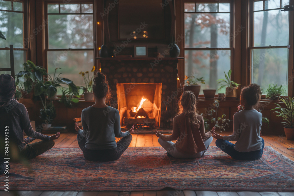 People seated in meditation around a cozy fireplace in a rustic home filled with plants. This image suggests warmth and community, suitable for themes of togetherness and spiritual health. Copy space People seated in meditation around a cozy fireplace in a rustic home filled with plants. This image suggests warmth and community, suitable for themes of togetherness and spiritual health. Copy space