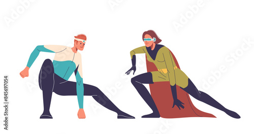 Two Adult Superheroes Ready For Action, Showcasing Strength And Determination. Characters Are Posed Dynamically
