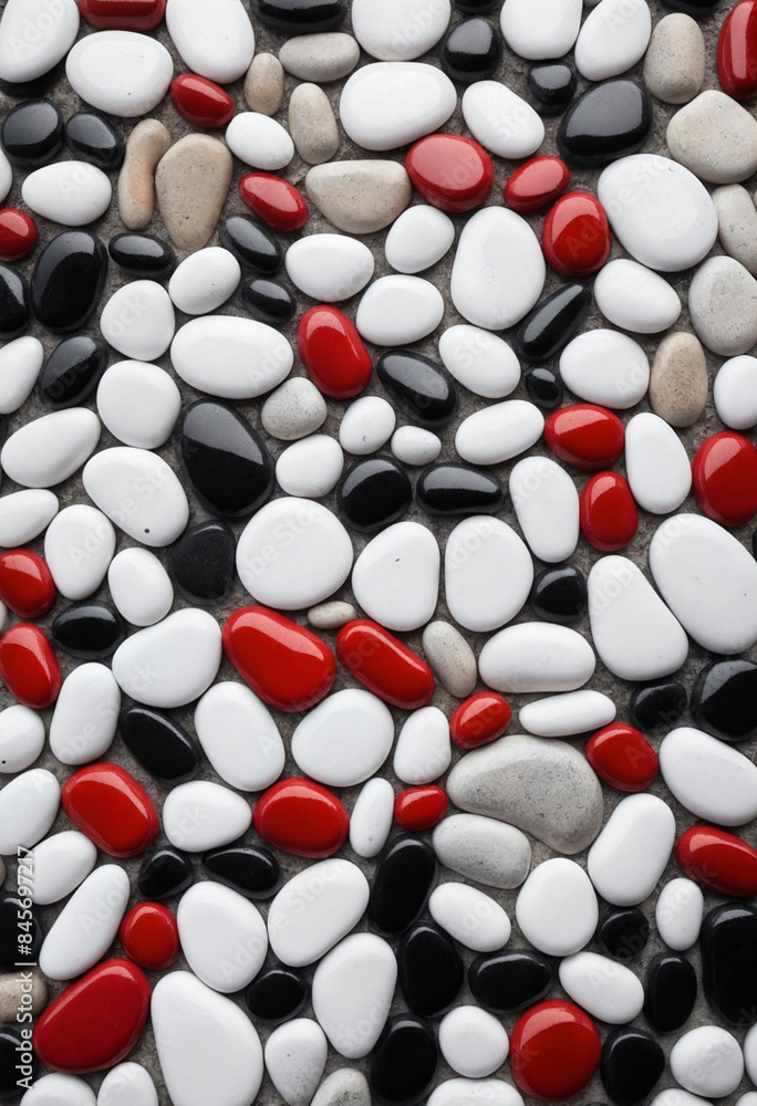 Glossy white, red and black pebble stone wall Glossy white, red and black pebble stone wall