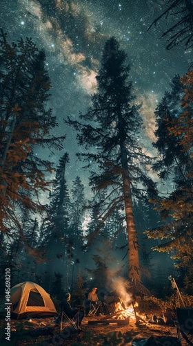 Camping in Scenic Forest at night with Campfire