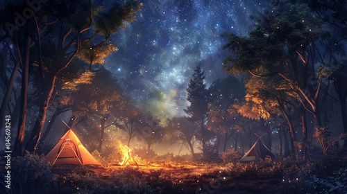 Camping in Scenic Forest at night with Campfire